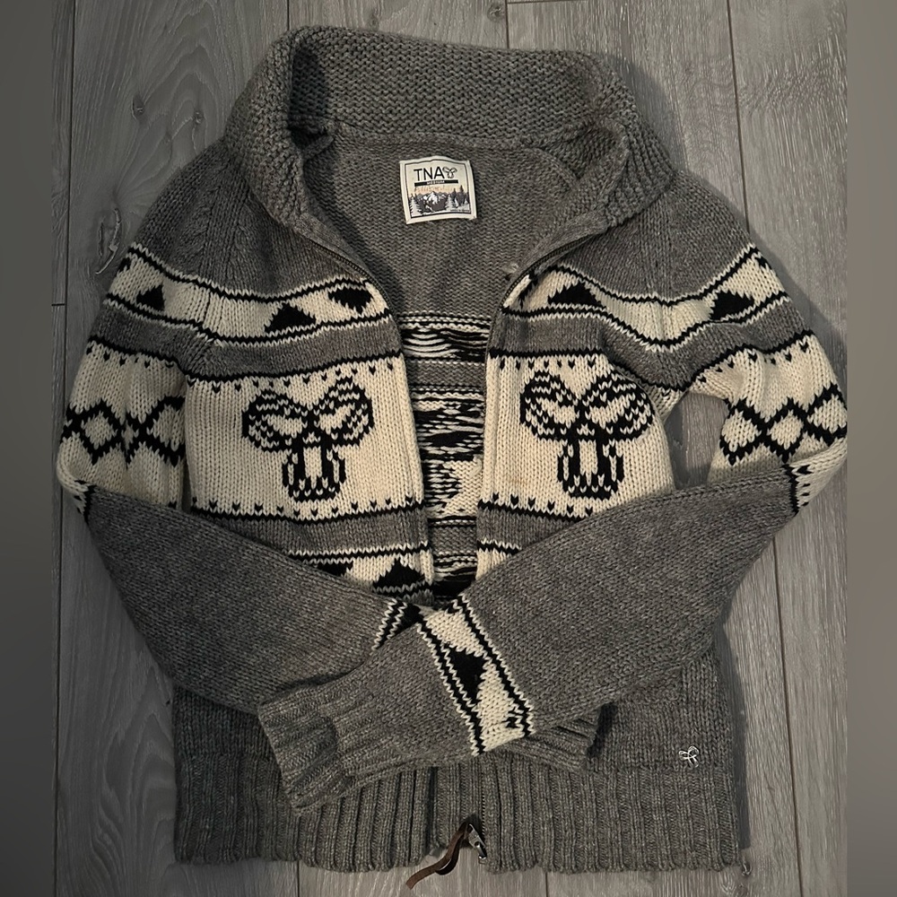 TNA Gray and Cream Zip-Up Sweater